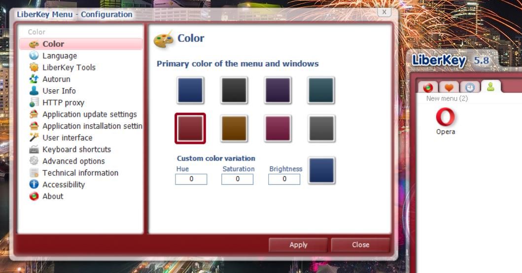 Вкладка Color в настройках LiberKey