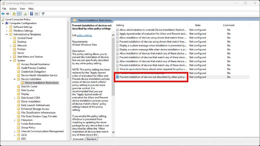 Редактирование политики ограничения установки устройств