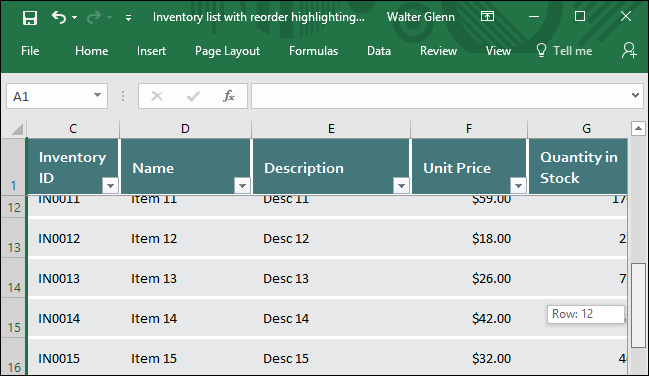 Вид листа с закреплённой верхней строкой при прокрутке