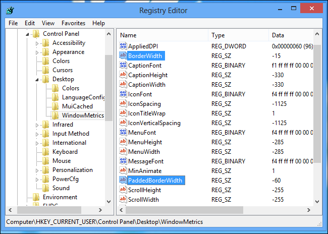 Скриншот: расположение параметров BorderWidth и PaddedBorderWidth в реестре