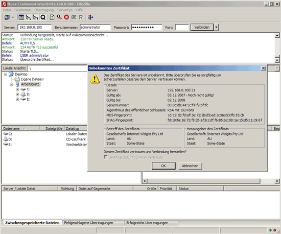 Запрос подтверждения нового SSL сертификата в FileZilla