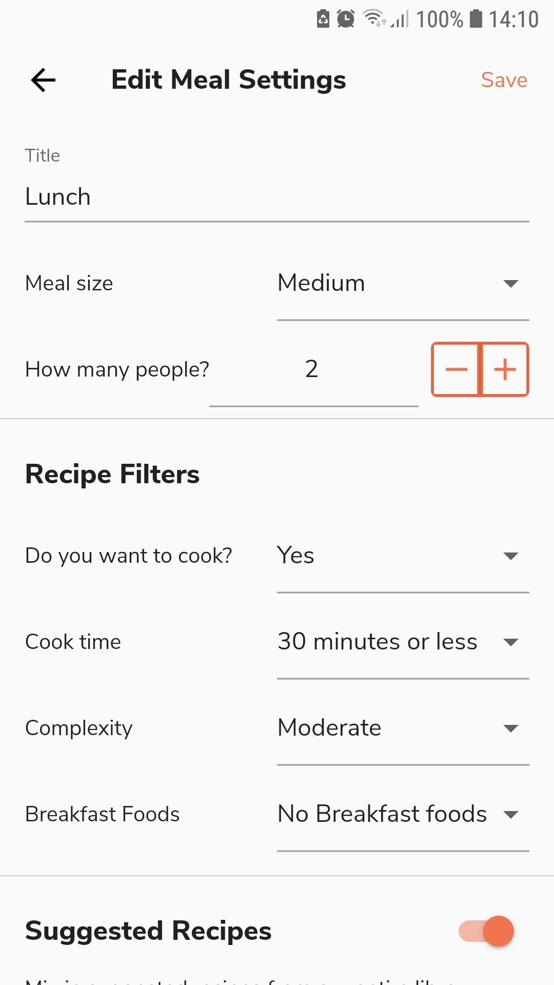Экран общих настроек в приложении Eat This Much