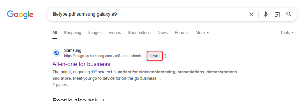 Результат поиска Google для запроса с указанием типа файла