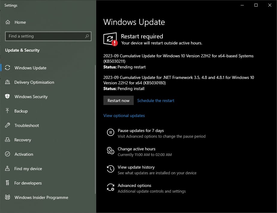 Кнопка Restart Now для установки обновлений Windows