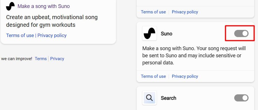 Тумблер Suno в списке плагинов Microsoft Copilot