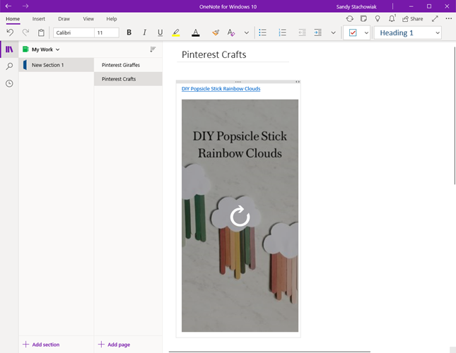 Встроенный пин Pinterest в OneNote для Windows 10 с миниатюрой.
