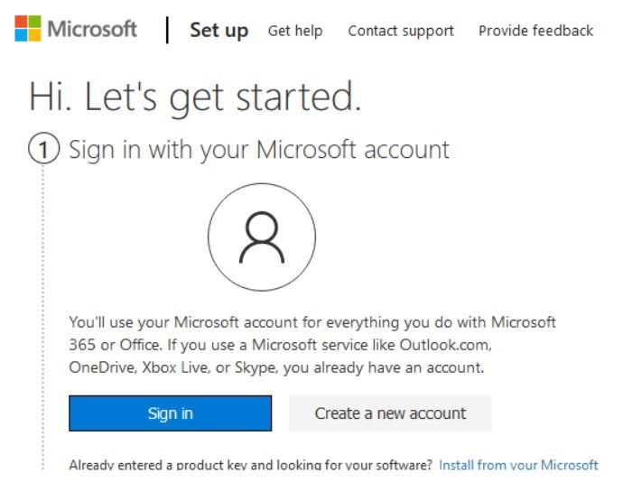 Страница настройки Office для проверки ключа