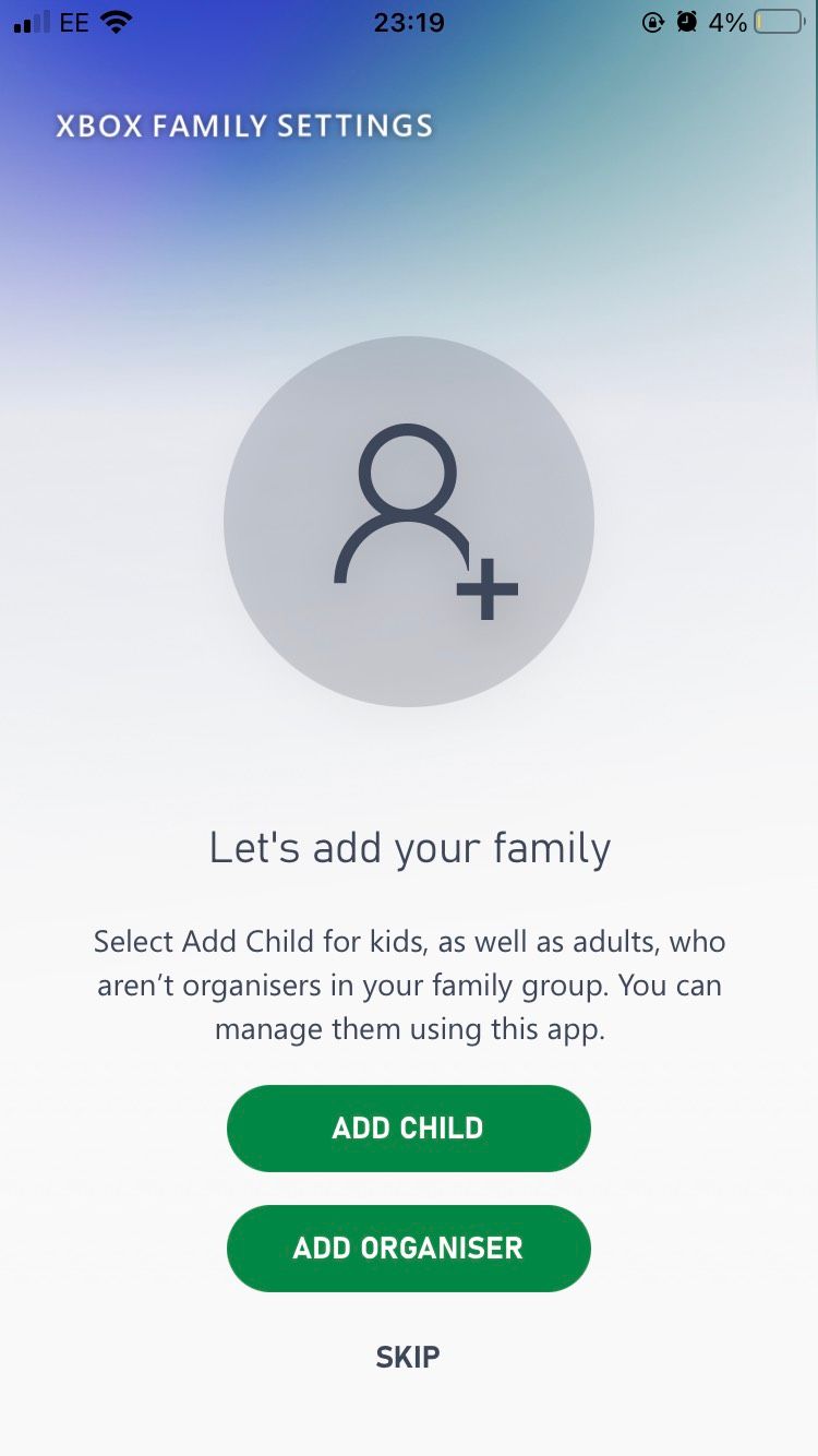Страница Add Child в приложении Xbox Family Settings на iOS