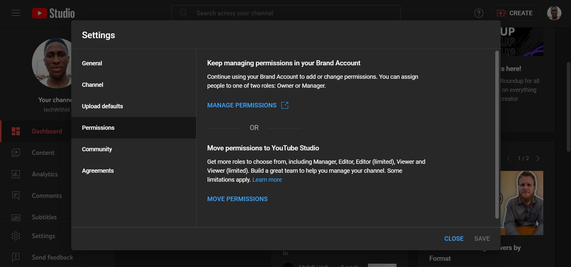 Меню настроек YouTube Studio