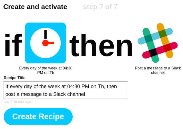 Скриншот IFTTT-рецепта, отправляющего уведомление в Slack