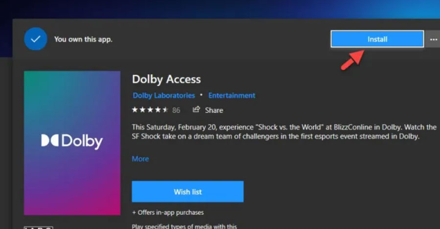 Microsoft Store: страница установки Dolby Access