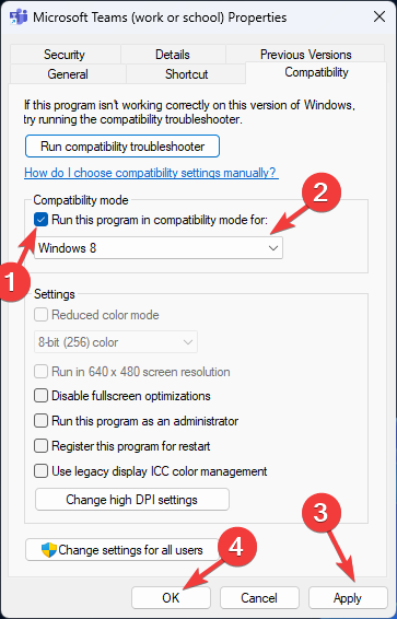 Параметры совместимости Windows для Teams