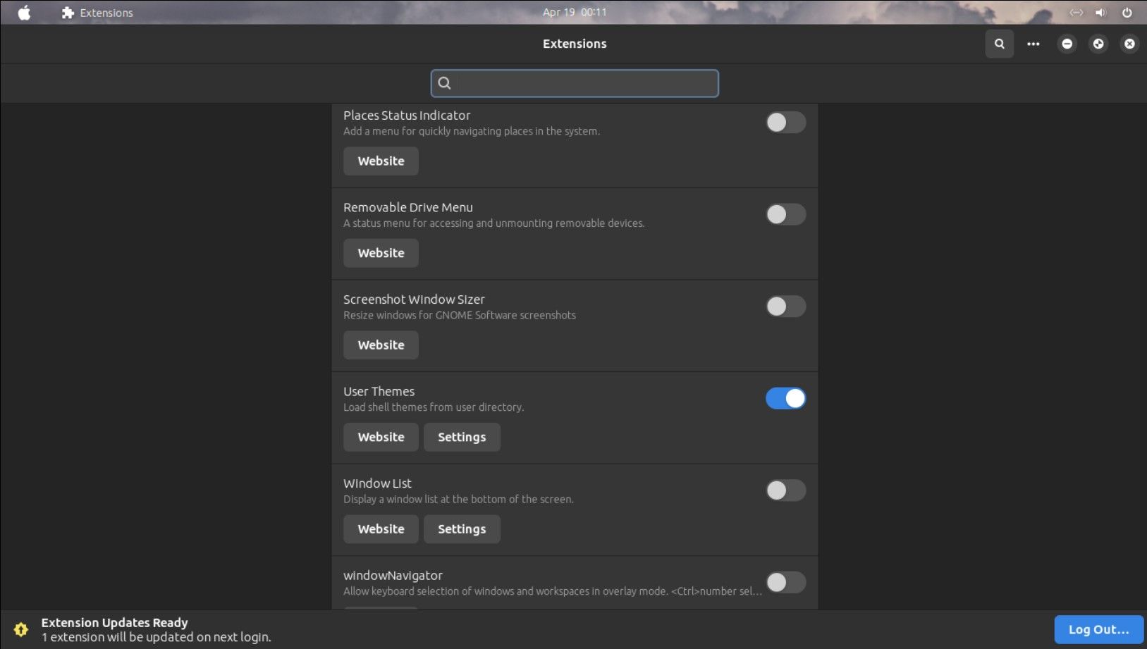 Окно приложения Расширения в Ubuntu 23.04 со списком опций