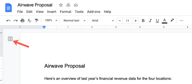 Значок структуры документа в Google Docs
