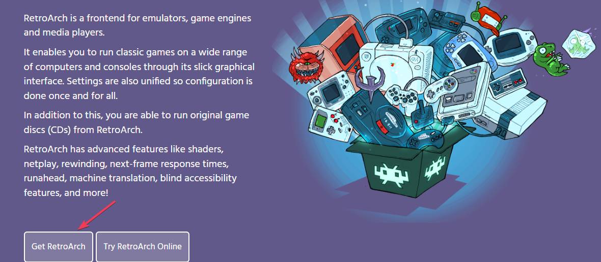 Кнопка загрузки RetroArch на официальном сайте