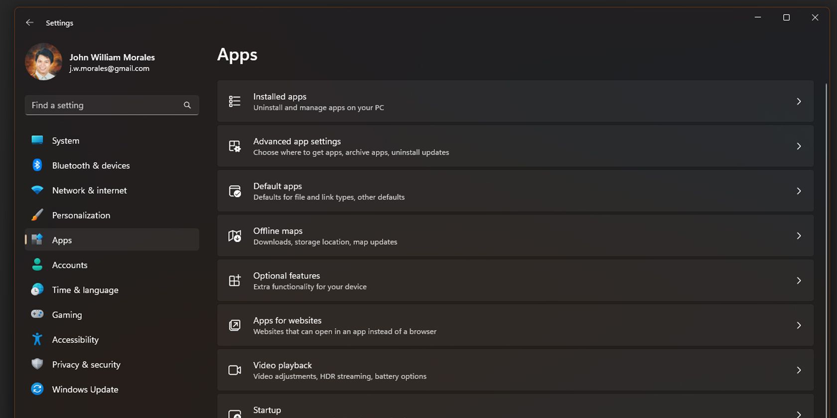 Меню параметров Windows 11 с пунктом Приложения