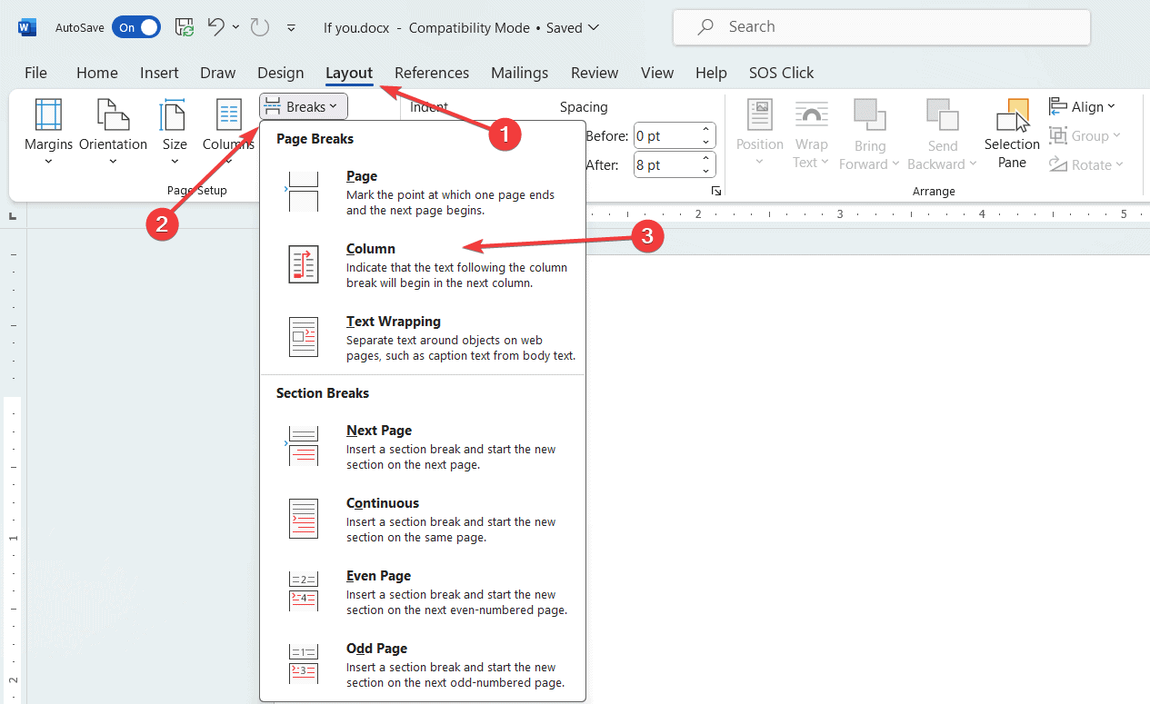 Пункт меню для вставки разрыва колонки в Word