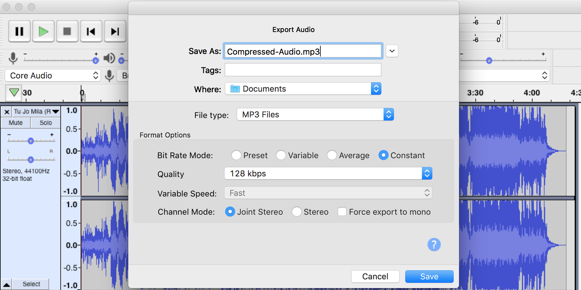 Интерфейс Audacity с настройками экспорта и битрейта