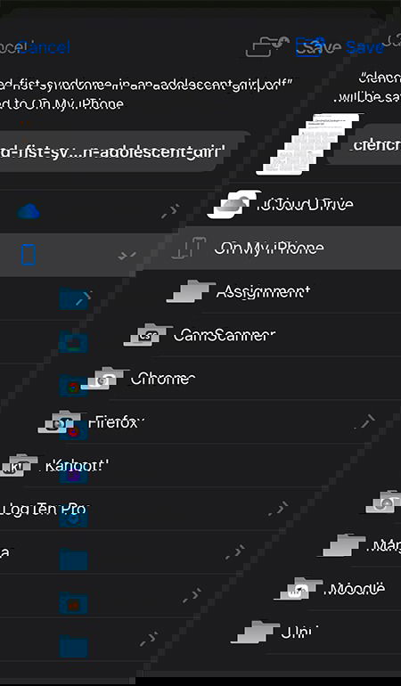 Выбор местоположения для сохранения файла: iPhone или iCloud Drive