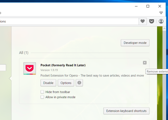 Список расширений и кнопки управления в Opera