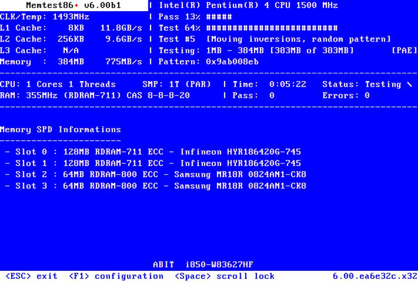 Экран MemTest86 во время проверки памяти