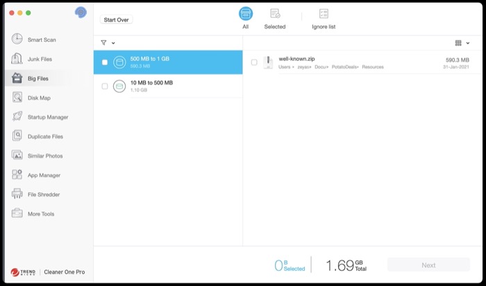 Поиск и удаление больших файлов в Cleaner One Pro
