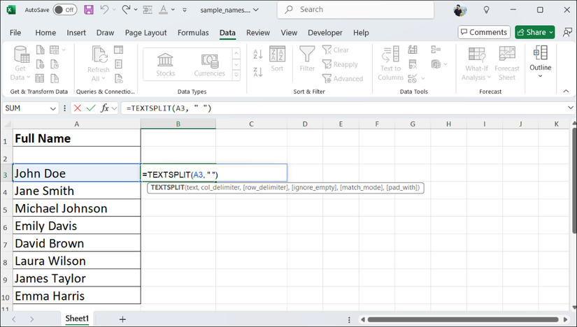 Разделить имя и фамилию в Excel