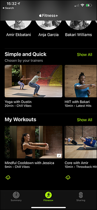 экран Моих тренировок с обзором сохранённых занятий