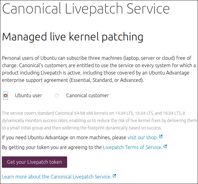 Страница сервиса Canonical Livepatch
