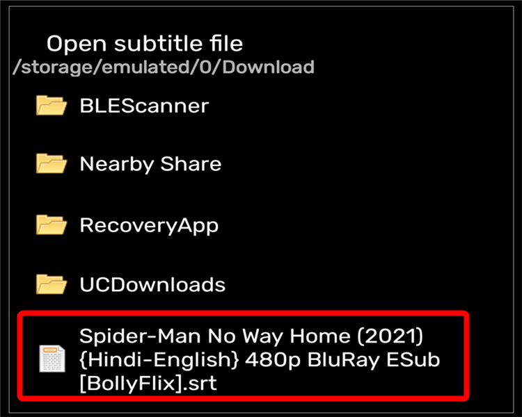 Выбор файла субтитров из памяти устройства