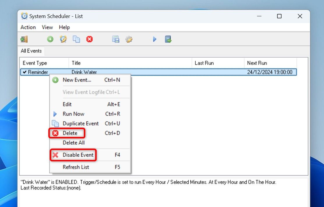 Опции Disable Event и Delete в System Scheduler.