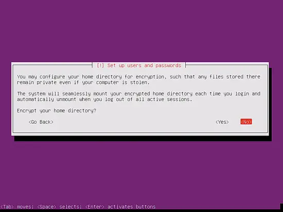 Опция шифрования домашнего каталога — выбор No означает без шифрования