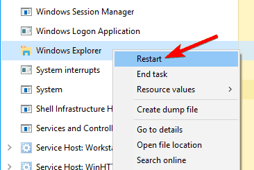 Перезапуск процесса Проводник Windows в Диспетчере задач