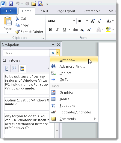 Диалог параметров поиска