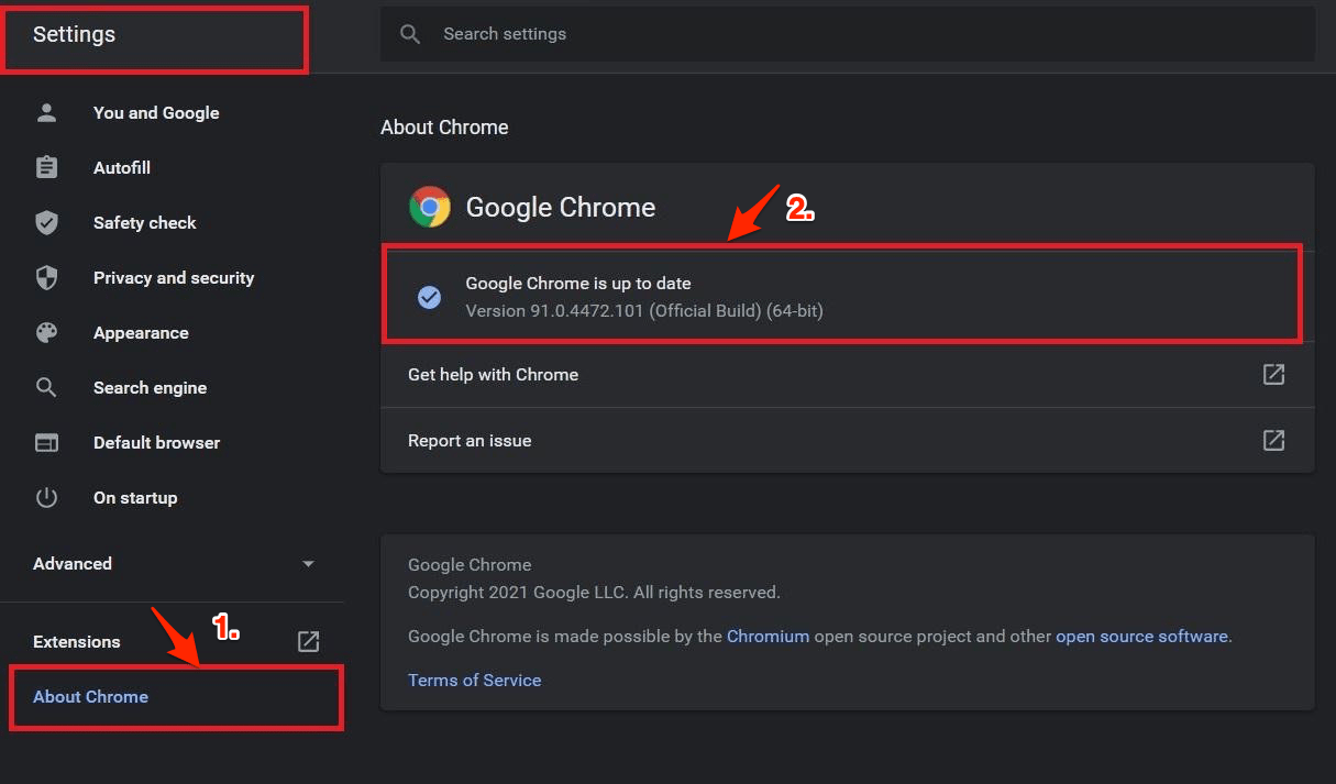 Обновление Google Chrome: меню 'О Chrome'