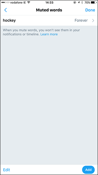 Список заглушённых слов с примером 'hockey' на мобильном