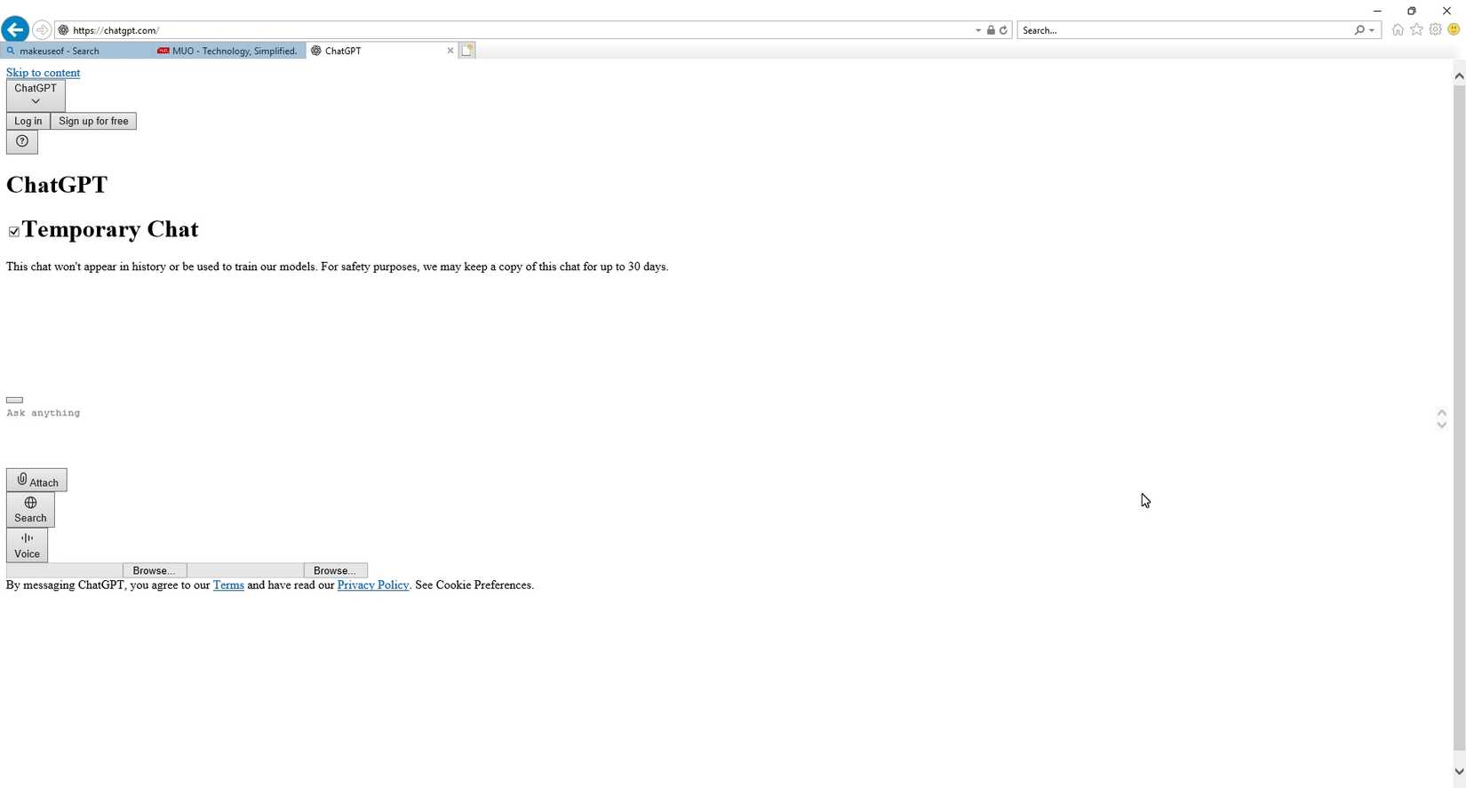 Главная страница ChatGPT в Internet Explorer на Windows 11