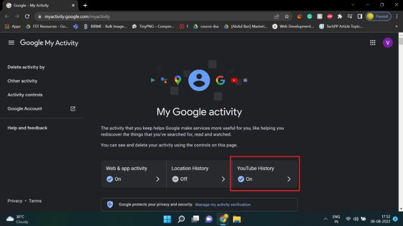 pagina de atividade do google com historico do youtube