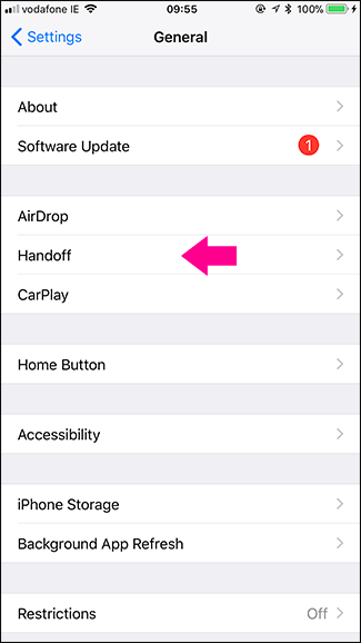 Переключатель Handoff в положении выкл