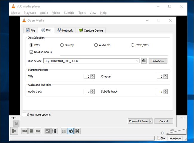 Параметры диска: выбор DVD-привода и отключение меню диска