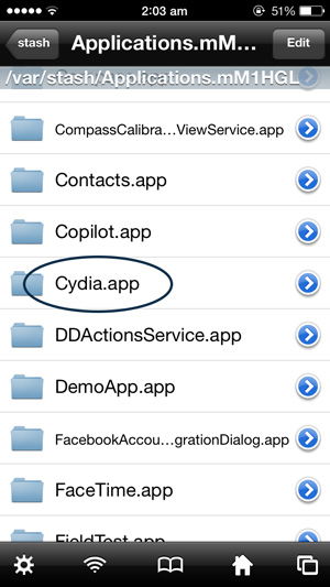 Localisation de Cydia.app dans le système de fichiers