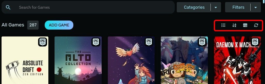 Кнопки сортировки библиотеки Heroic Games Launcher.