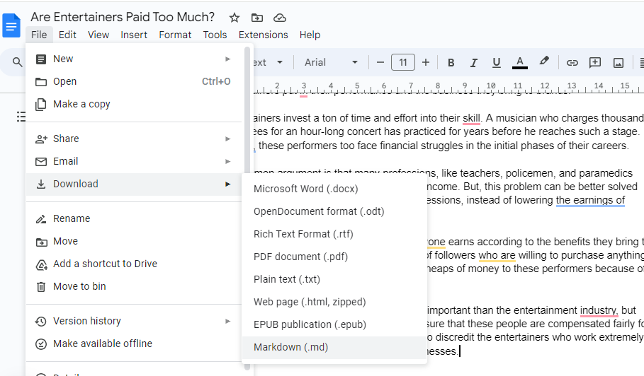 Экспорт документа в Markdown в Google Docs.