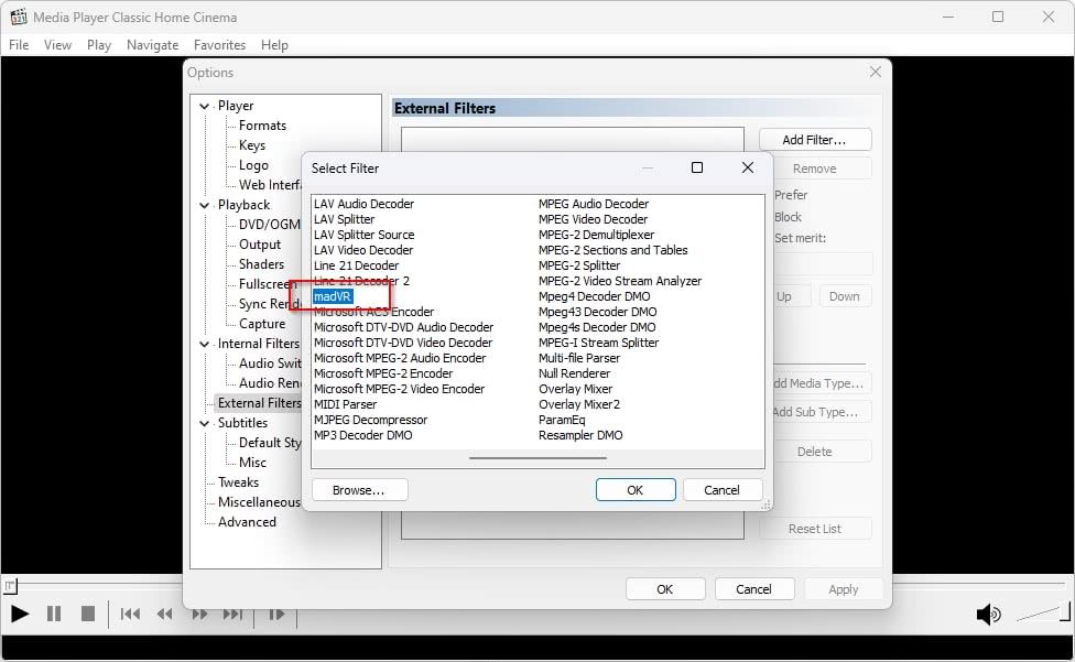 MPC HC Select Filter MadVR