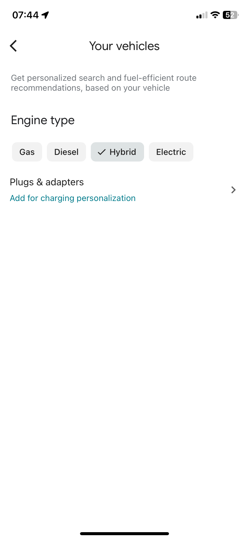 Экран настроек навигации Google Maps с выбором типа автомобиля: выбран гибрид