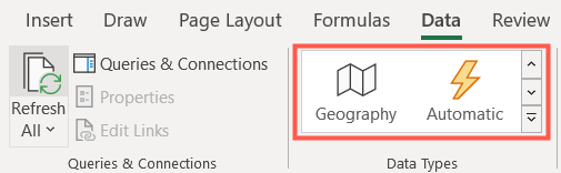 Data Types in the Excel ribbon