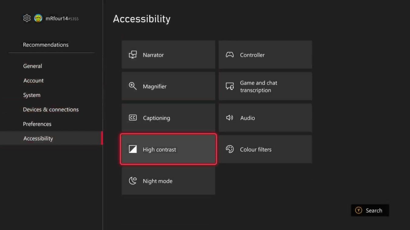 Параметры Специальные возможности на Xbox: выделен пункт High contrast