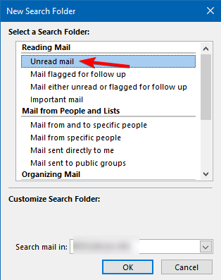 Выбор шаблона «Непрочитанные» для папки поиска