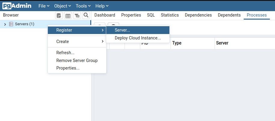 Шаг 1 — регистрация нового сервера в PgAdmin4