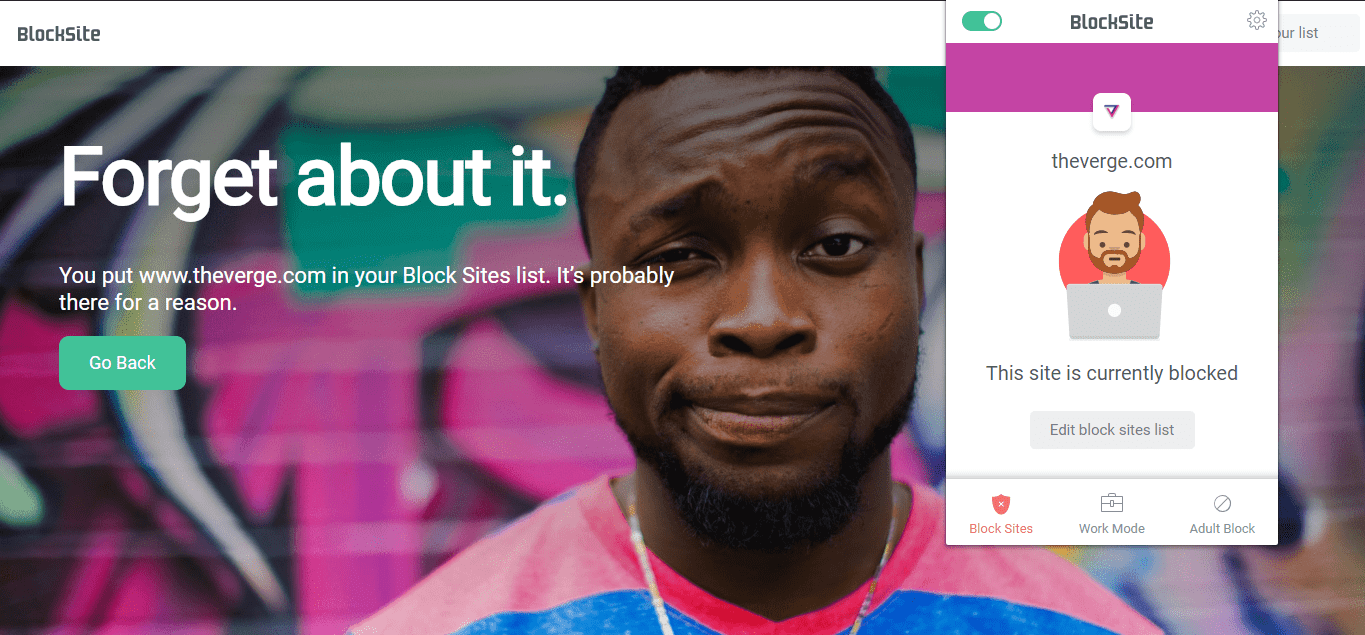 Сообщение о заблокированном сайте в расширении Block Site
